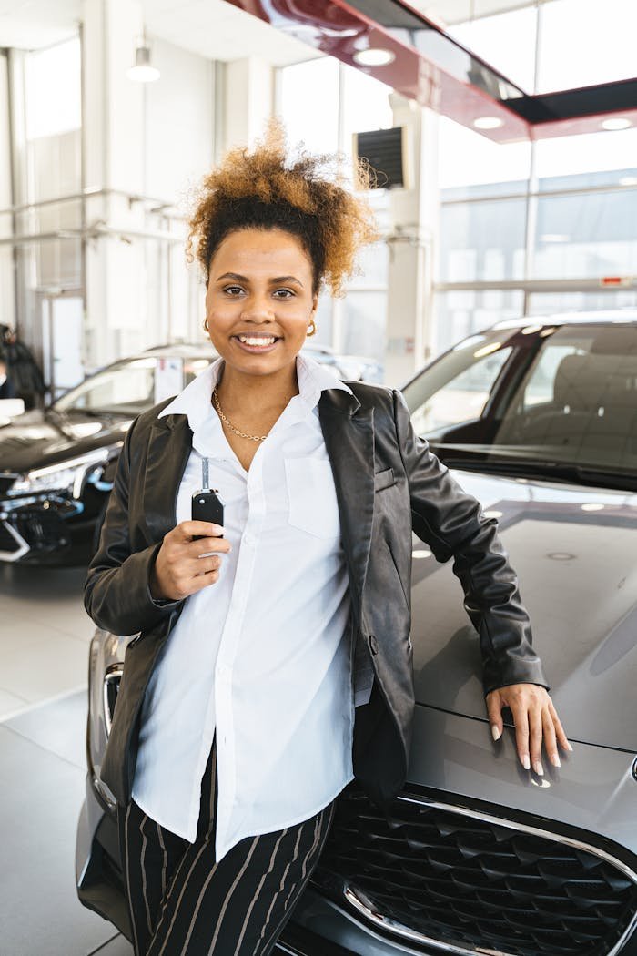 services-02 Portrait of a smiling woman holding car key next to a new car inside a dealership.